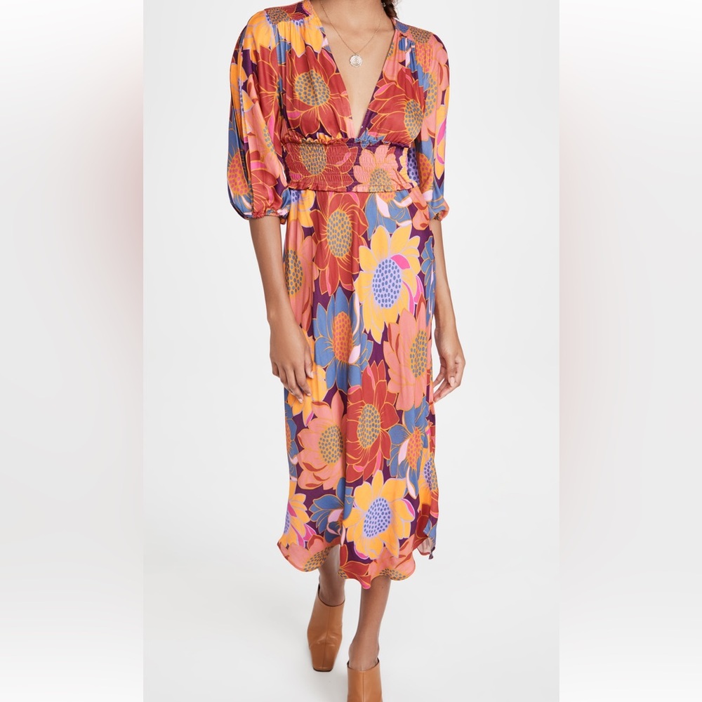 Farm Rio Floral Smocked Midi Dress